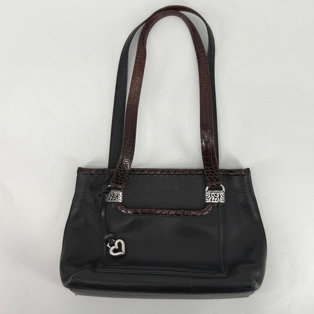 Brighton Black Pebbled Leather Brown Croc Trim Shoulder Tote Bag